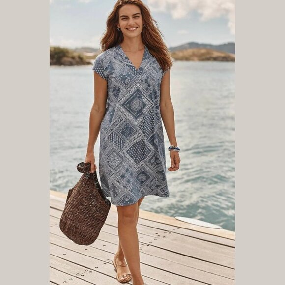 J. Jill Women's Gray Blue Patterned Slub-Knit V-Neck T-Shirt Dress - XLT - Picture 1 of 7